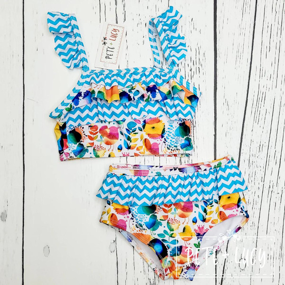 PETE + LUCY Colorful Birds Blue Two PIece Swim Set Size 12-18 month NEW Summer - Picture 1 of 4